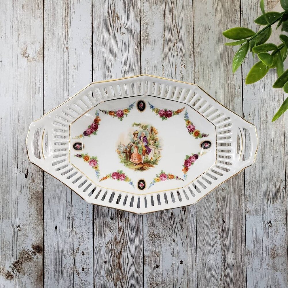Reticulated 9.5” Oval German Porcelain Dish w Flower Garland and Courting Couple